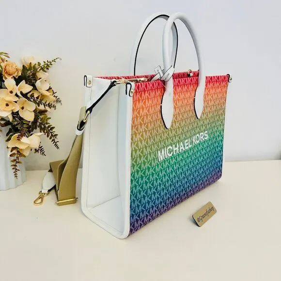 Michael Kors Purse Mirella Medium Ombré Logo Tote Bag Rainbow - Picture 3 of 9
